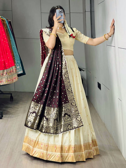 Exquisite Paithani Silk Lehenga Choli with Iconic Gold Zari Border and Satin Silk Dupatta