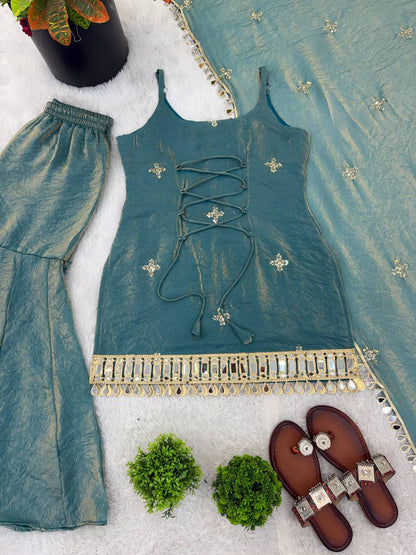 Women's Elegant Ethnic Ensemble with Embroidered Mirror Work - Ready to Wear