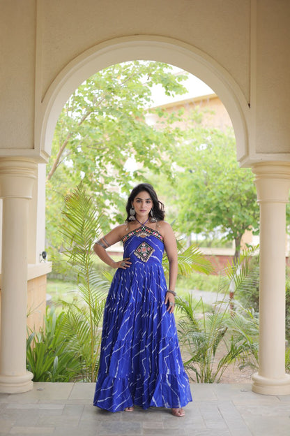 RangBhoomi Navratri Laheriya Patchwork Faux Georgette Gown - Sleeveless 56" Length, L (Adjustable 38-44)