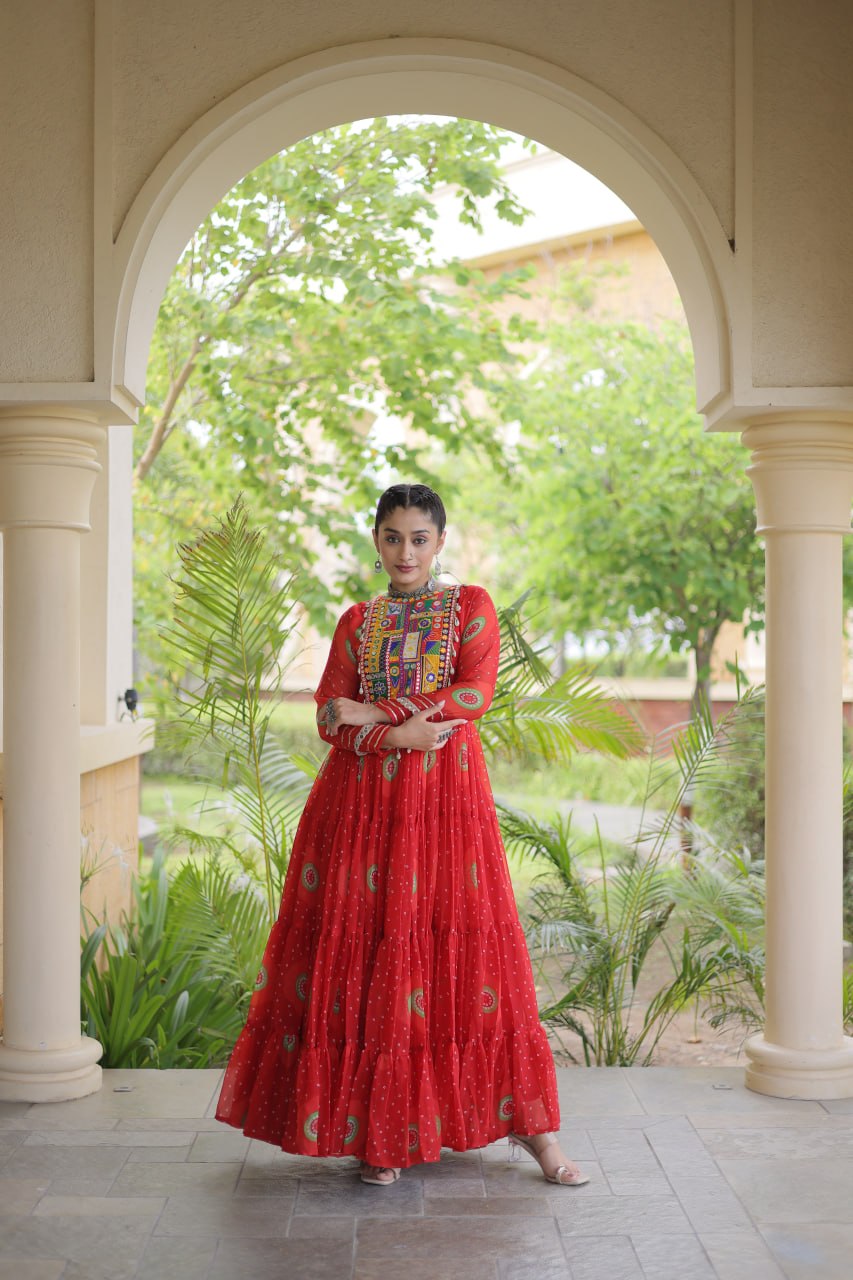 RangBhoomi Bandhani & Kutchi Patchwork Faux Georgette Gown — Navratri Collection 2026