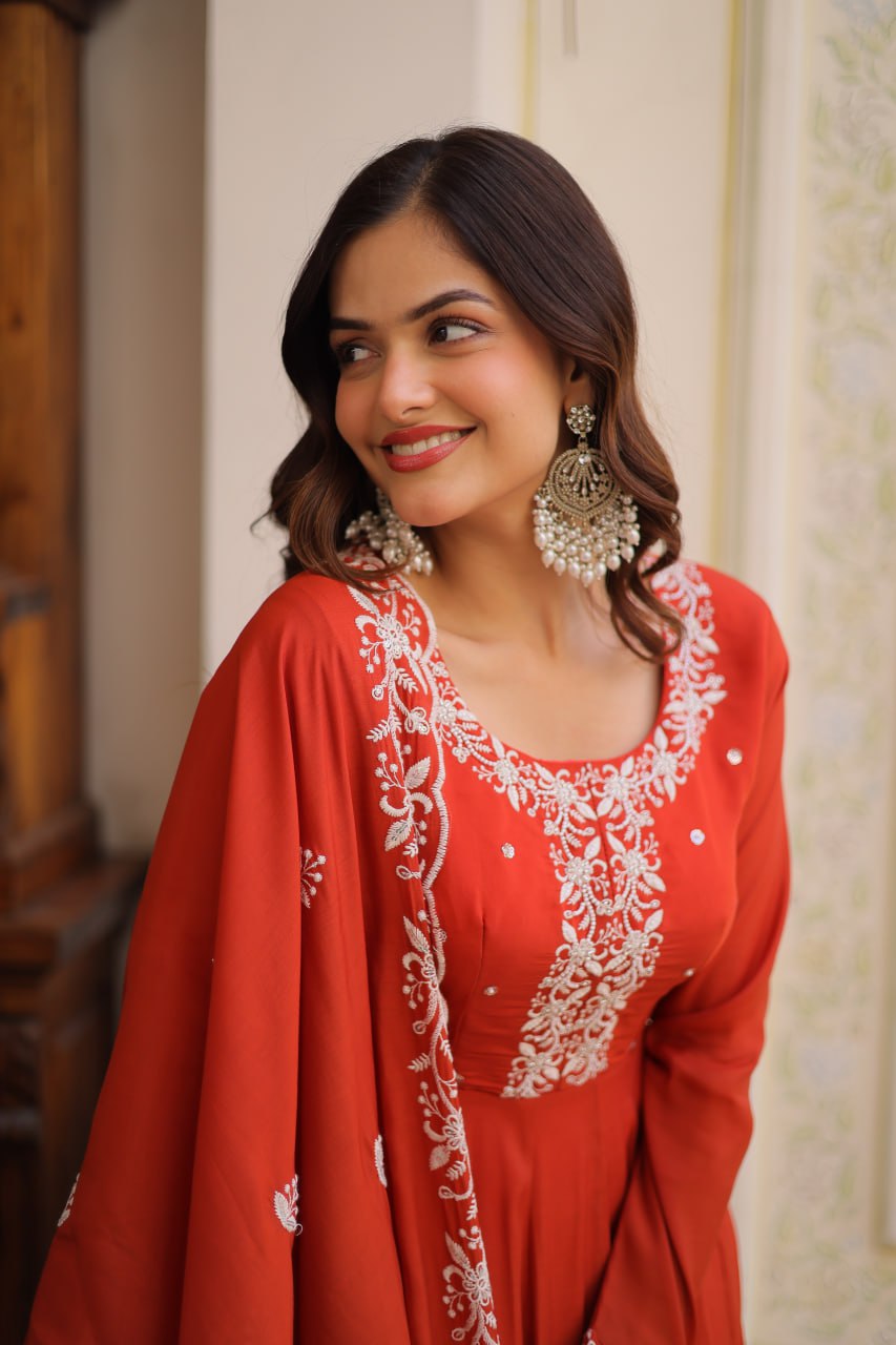 Elegant Mal Chanderi Gown and Dupatta Set with Bead Embroidery and Designer Cutwork Lace Border