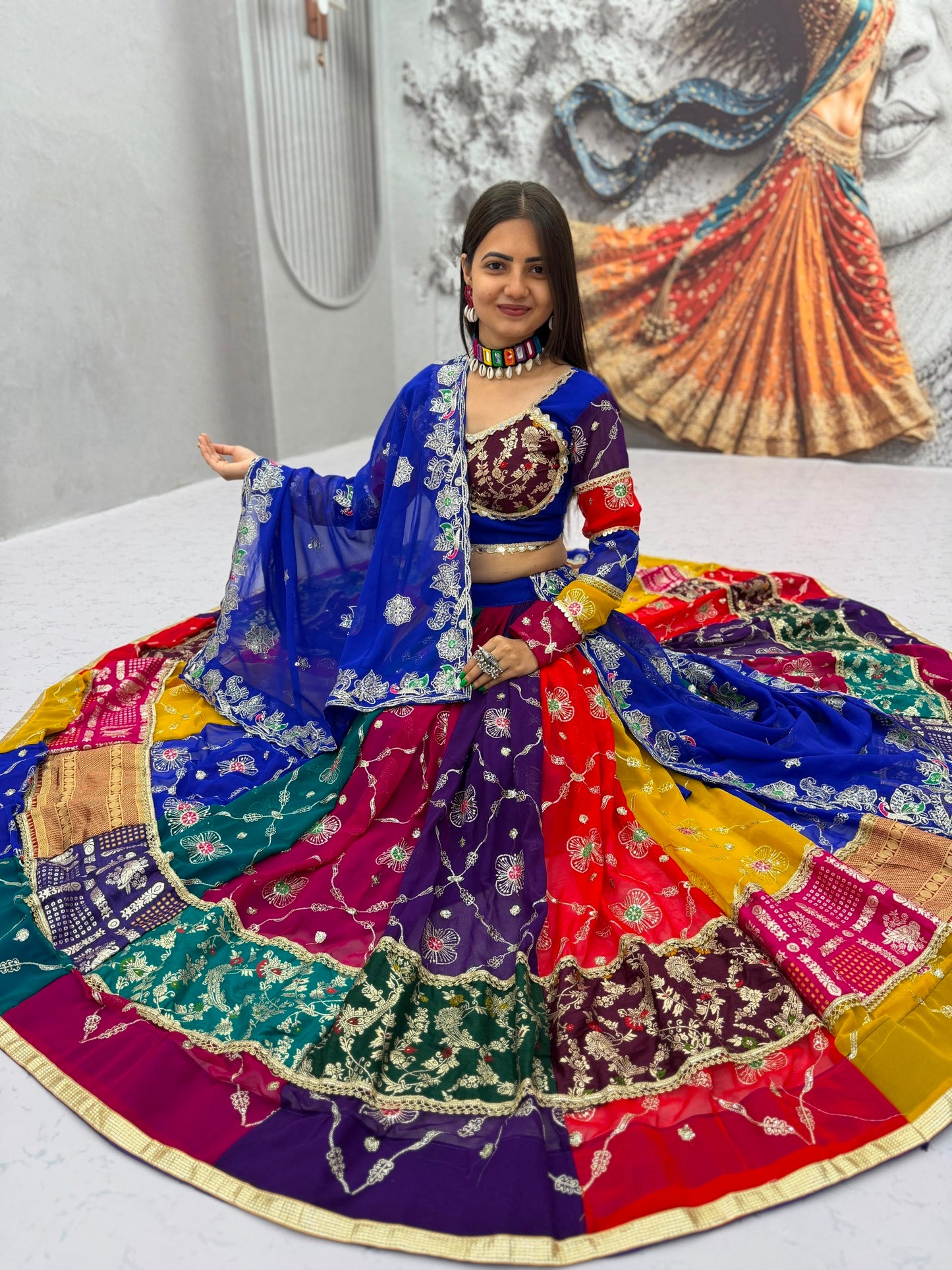 RangBhoomi Navratri Vintage Chaniya Choli — 6m Flair Fox Georgette Lehenga Set