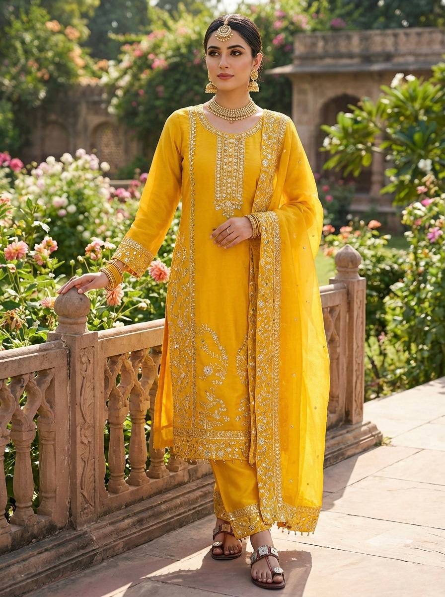 Elegant Designer Ready-to-Wear GMY Silk Three-Piece Set with Heavy Embroidery, Sequins, and Lace Border – Fully Stitched Top, Palazzo, and Dupatta