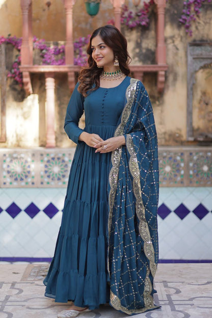 Flared Gown: Embroidered Dupatta - Shop Now!