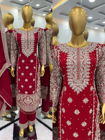 New Collection Faux Georgette Ensemble with Intricate Heavy Embroidery, Sequin Detailing, and Fully Stitched Ready-to-Wear Top, Bottom, and Dupatta Set