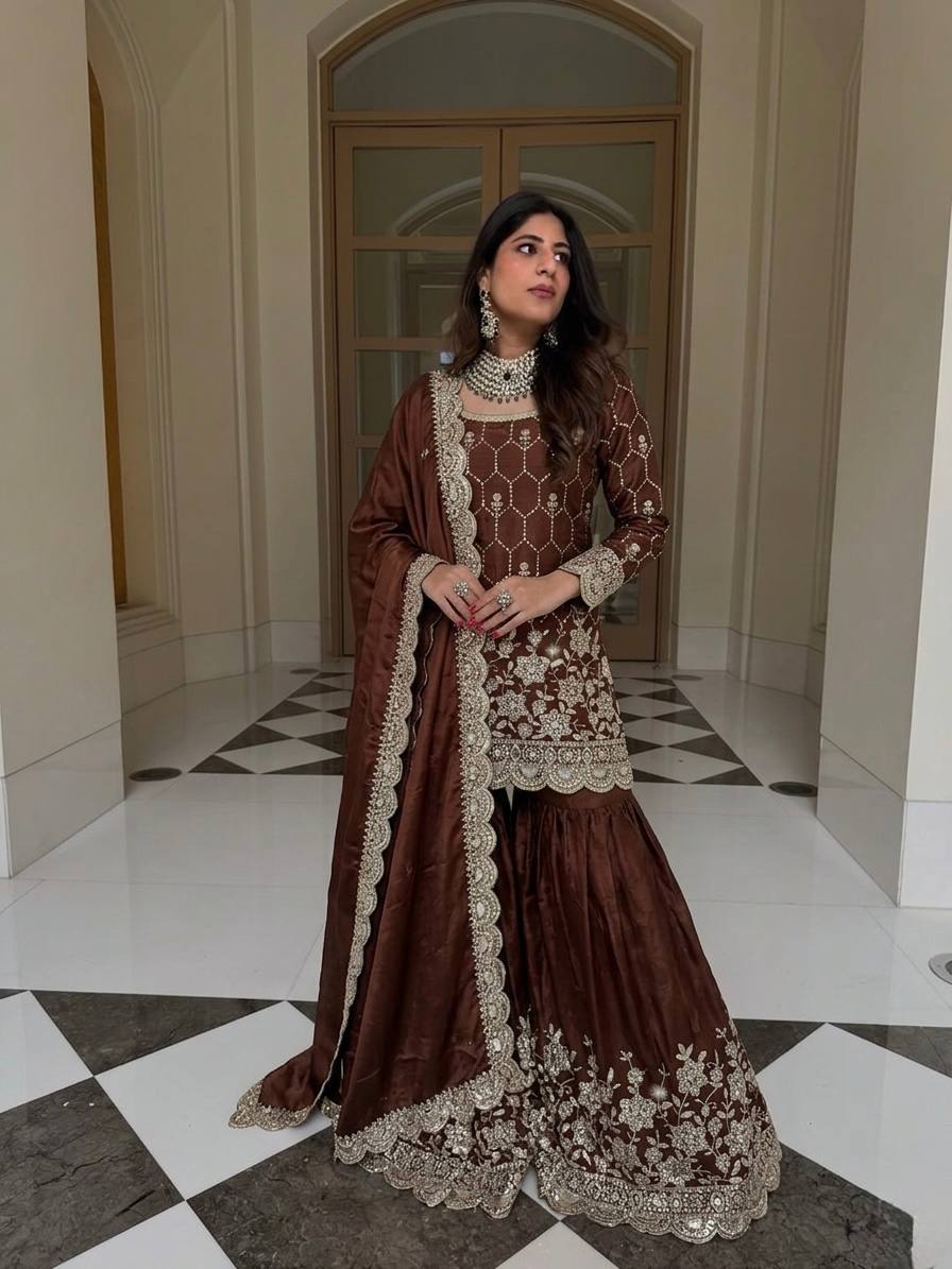 Elegant Sharara Set in Luxurious Heavy GMY Silk with Intricate Mirror and Sequins Embroidery – Top, Bottom, and Dupatta Ready to Wear by RangBhoomi