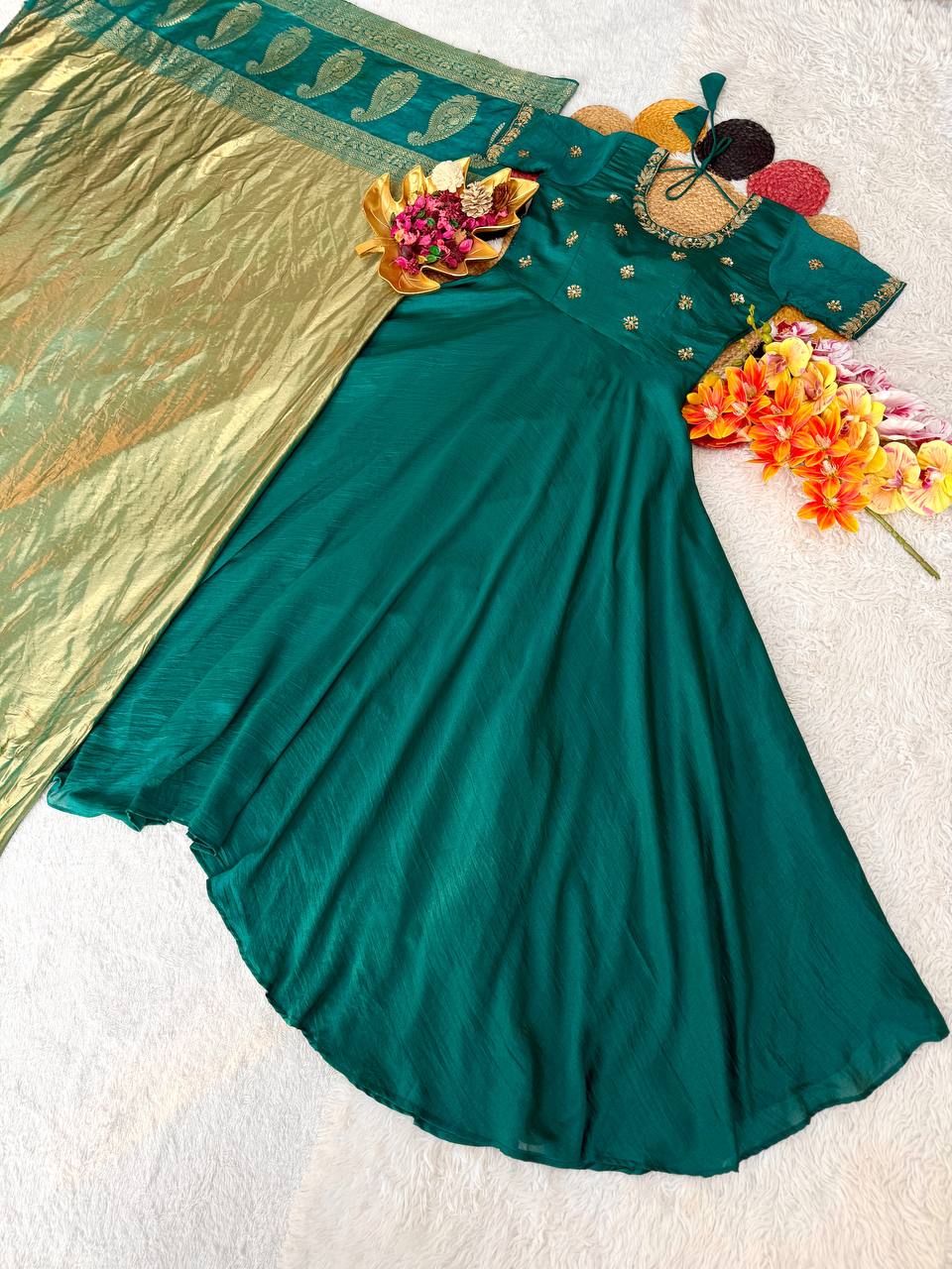 Beautiful Maggam Work Gown with Tissue Dupatta