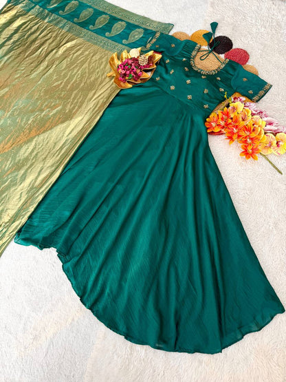 Beautiful Maggam Work Gown with Tissue Dupatta