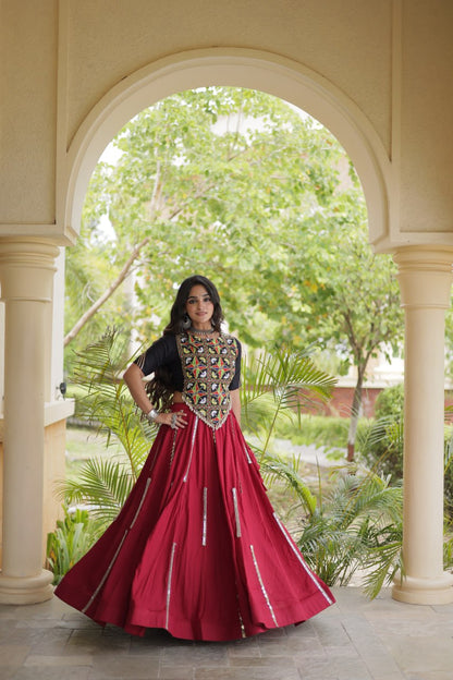 RangBhoomi Navratri Reflective Rayon Lehenga Set with Mirror & Gota Lace (Black, Maroon, White)