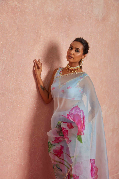 Ready To Wear Organza Silk Saree - Floral Printed