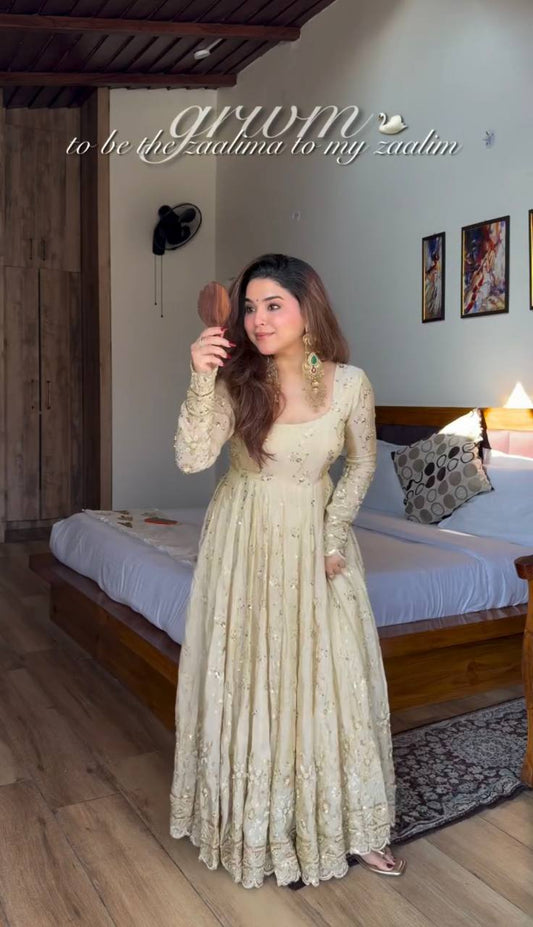 Embroidery Detailed Fully Stitched Ready-to-Wear Gown and Dupatta Set in Crunchy Silk