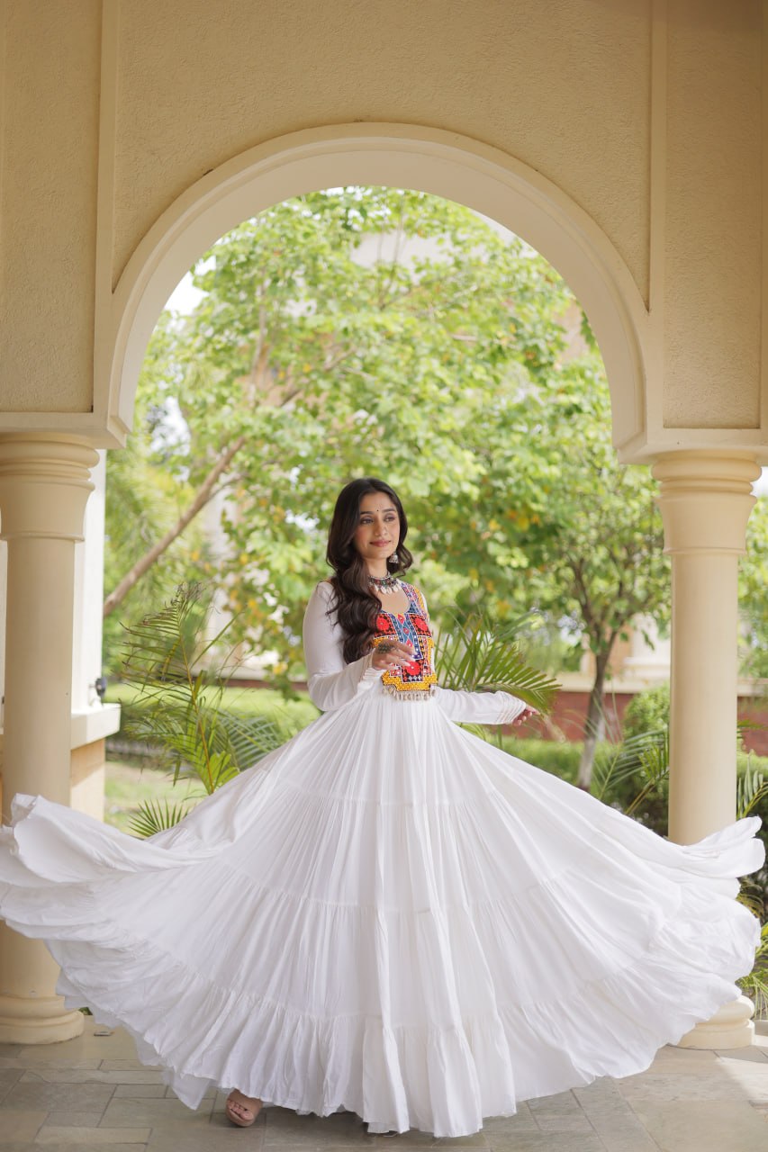 RangBhoomi Navratri Gown Collection 2026 — Wine, Rama & White Embroidered Mirror Work Gown