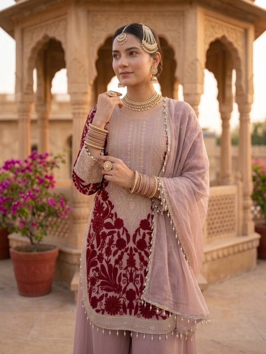 RangBhoomi Designer Party Top, Palazzo & Dupatta Set with Heavy Embroidery