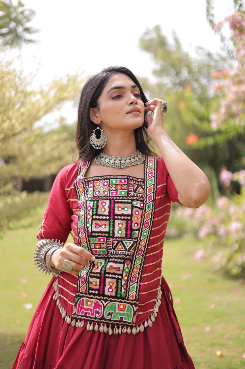 RangBhoomi Navratri 2026 Kora Cotton Full-Stitched Lehenga & Blouse Set — L (40", Adjustable 38–44)