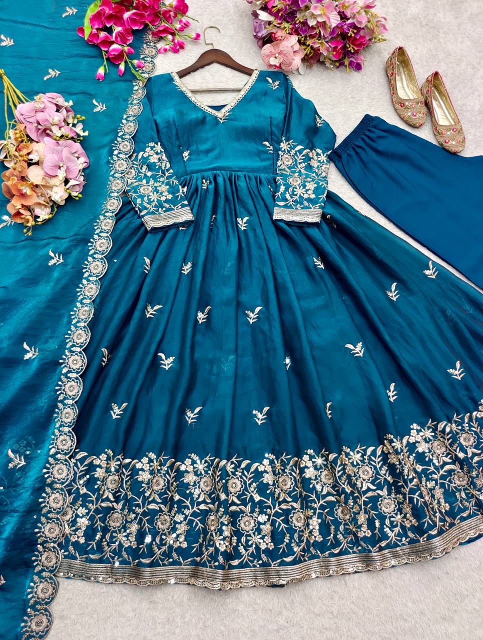 RangBhoomi Fendy Satin Silk Gown Set with Micro Silk Pants & Embroidered Dupatta