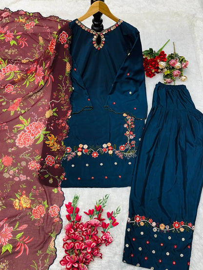 Complete flat lay of navy blue embroidered Farsi suit set with maroon floral dupatta.