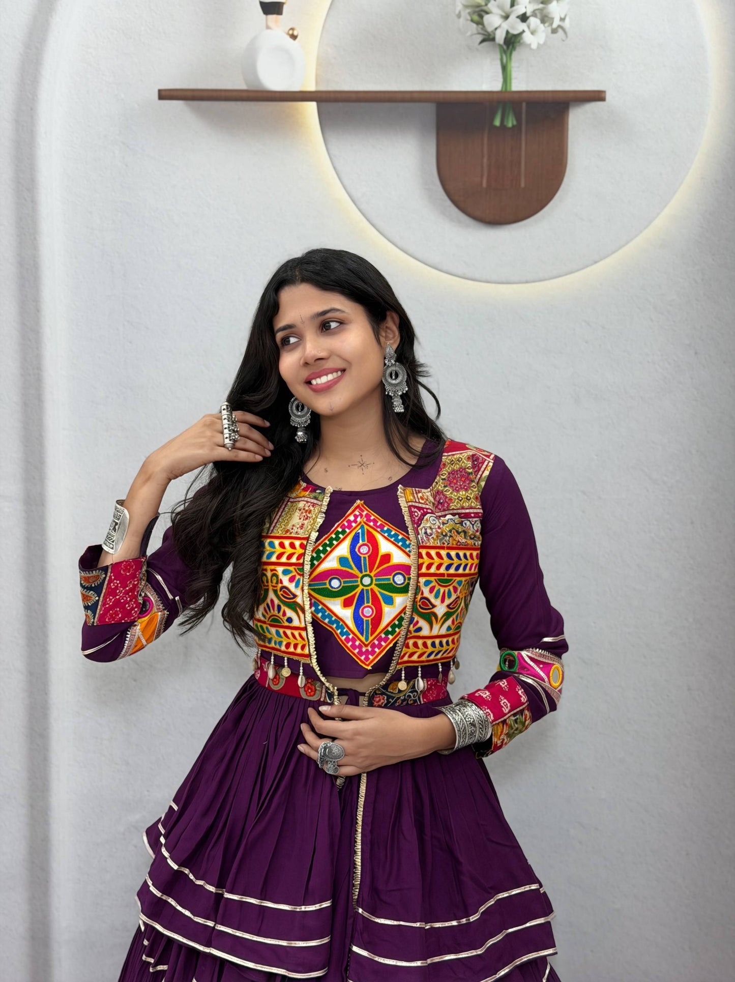 RangBhoomi Navratri Special Gamathi Work 9m Flair Pure Cotton Lehenga Choli - Fully Stitched
