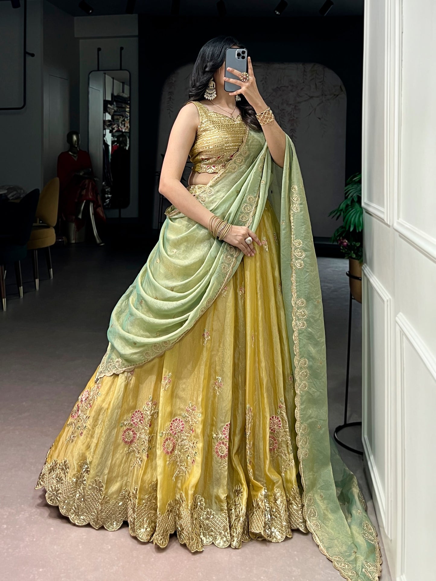Sunlit Grace Embroidered Pastel Lehenga Set in NC Moss Silk with Sequins and Thread Work