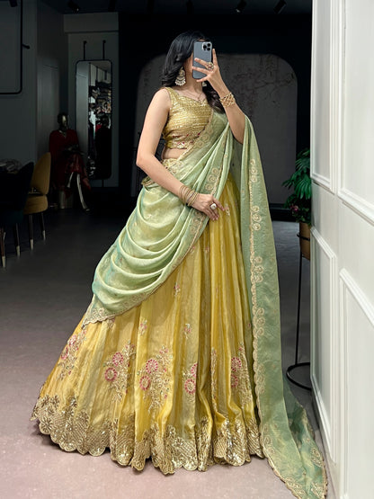 Sunlit Grace Embroidered Pastel Lehenga Set in NC Moss Silk with Sequins and Thread Work