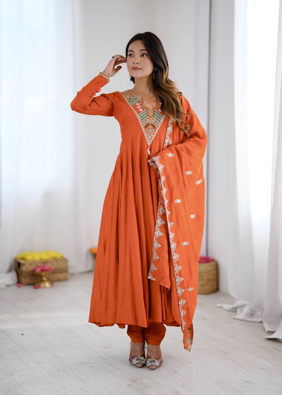 RangBhoomi Elegant Embroidered Sequence with Real Mirror Designer Anarkali Three Piece Set