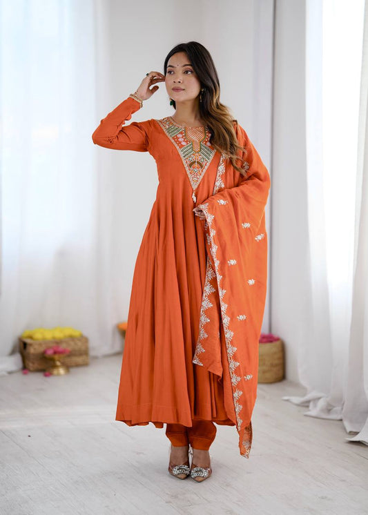 RangBhoomi Elegant Embroidered Sequence with Real Mirror Designer Anarkali Three Piece Set