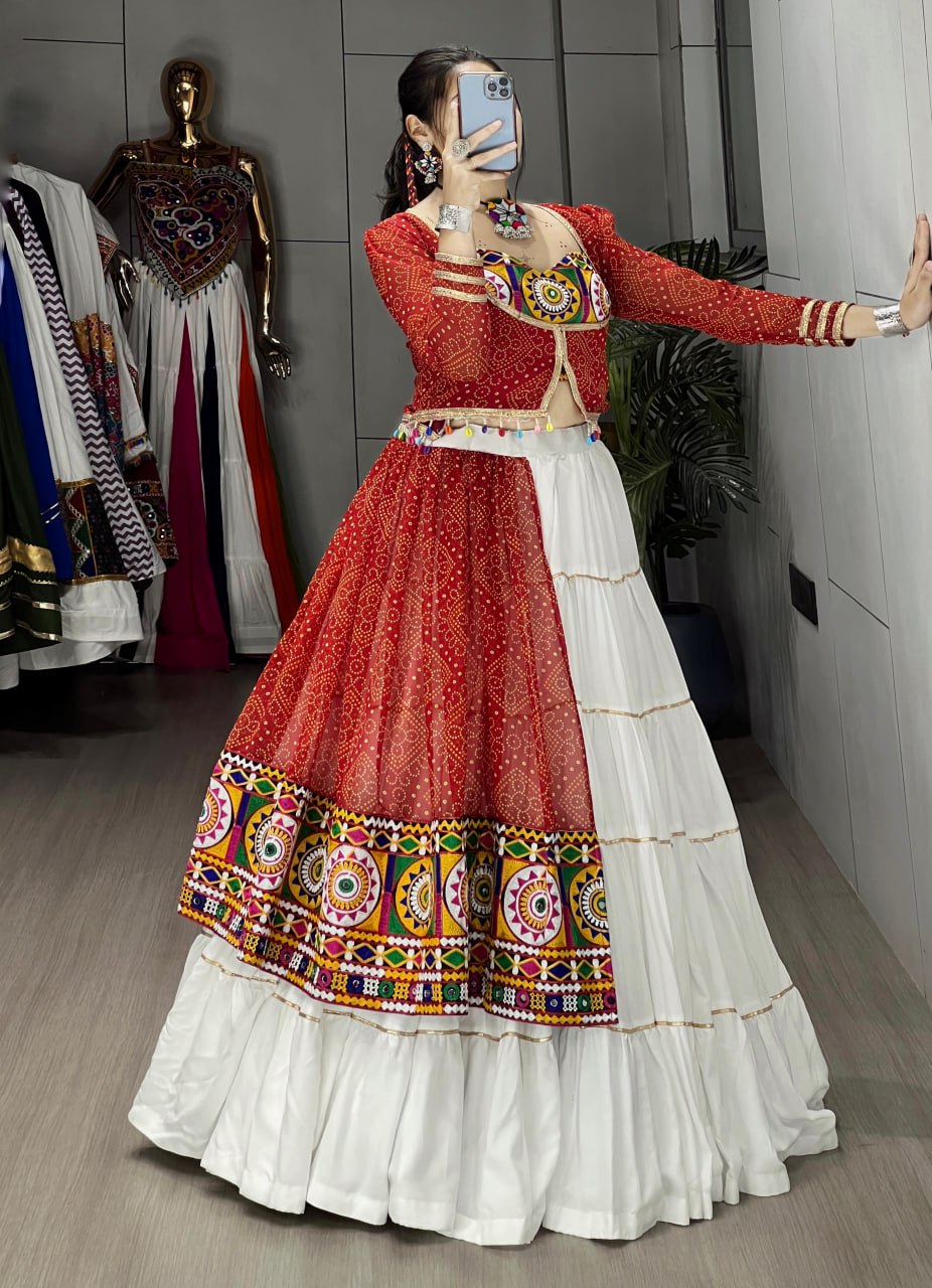Festive Designer Chaniya Choli Set with Traditional Embroidered Koti and Mirror-Work Blouse for Weddings and Special Events