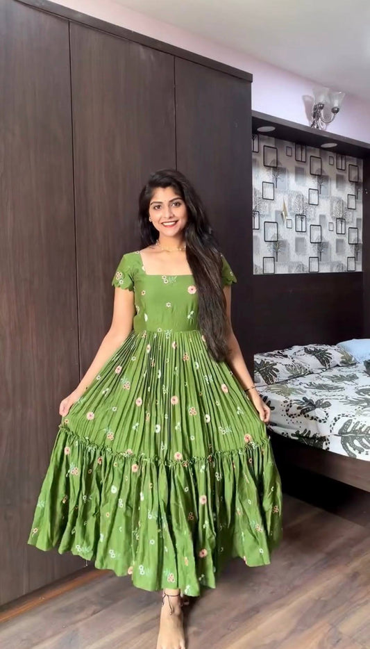 Exclusive Summer Mull Chanderi Gown with Floral Embroidered Thread Work – Elegance and Comfort Perfectly Combined