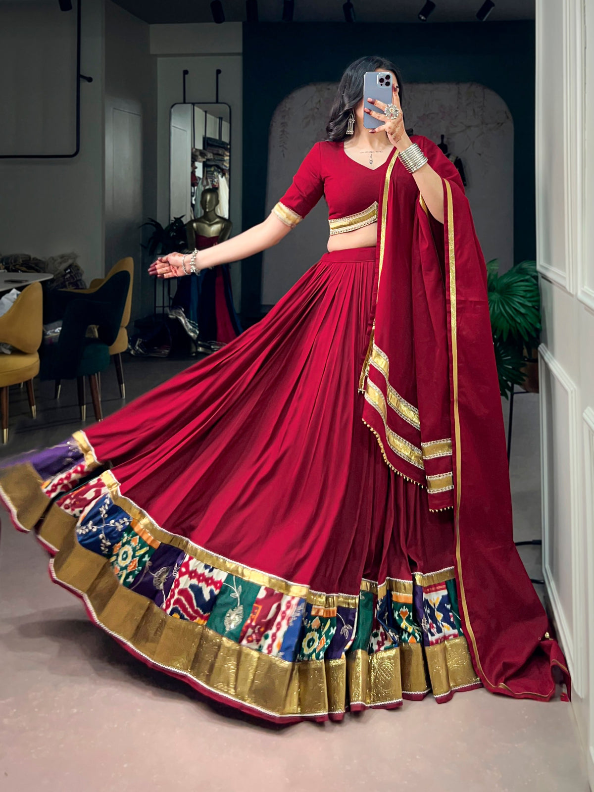 RangBhoomi Navratri Rayon Lehenga — Multicolour Printed Border with Embossed Lace
