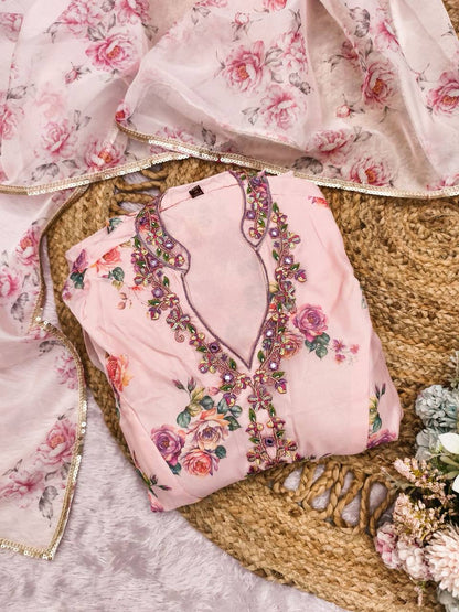 Baby Pink Tebby Silk Heavy Gown with Digital Print and Dupatta