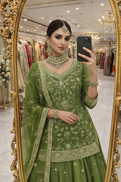 Exclusive Designer Party Wear Collection - Elegant Full-Stitched Shimmer Silk Lehenga Ensemble