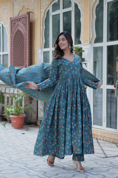 Premium Gown Set: Cotton Kurti, Pant & Dupatta