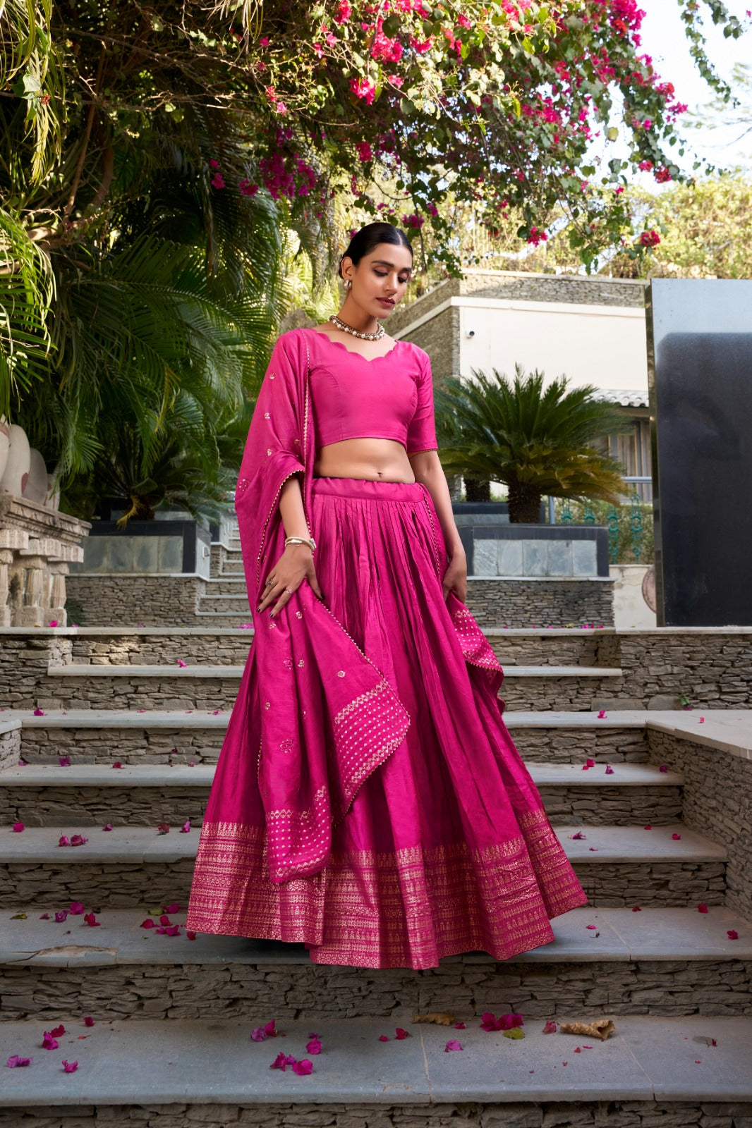 Elegant Pure Chanderi Lehenga Set with Exquisite Zari Work Border and Sequin-Embellished Dupatta