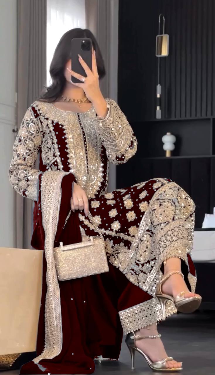 New Collection Faux Georgette Ensemble with Intricate Heavy Embroidery, Sequin Detailing, and Fully Stitched Ready-to-Wear Top, Bottom, and Dupatta Set