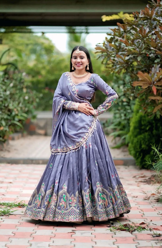 RangBhoomi Exclusive Festival Collection: Exquisite Embroidered Chinon Fabric Ensemble with Lehenga and Dupatta