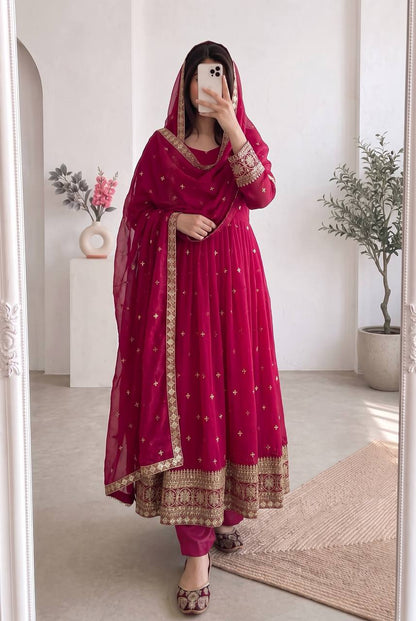 RangBhoomi Designer Party Wear Gown Set — Embroidered Heavy Fandy Silk with Dupatta & Pant