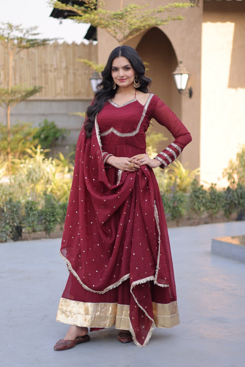 RangBhoomi Silver Mirror Lace Gown with Dupatta - Elegant Occasion Wear