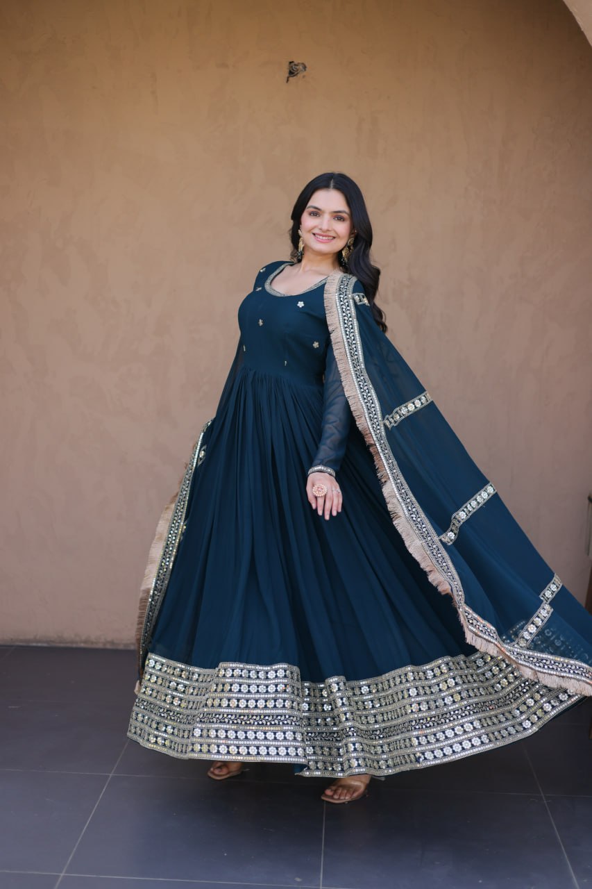 RangBhoomi Festive Faux Blooming Gown with Embroidered Dupatta - Rama & Maroon