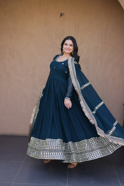 RangBhoomi Festive Faux Blooming Gown with Embroidered Dupatta - Rama & Maroon