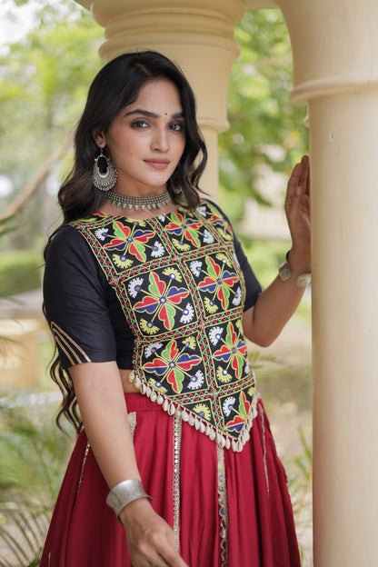 RangBhoomi Navratri Reflective Rayon Lehenga Set with Mirror & Gota Lace (Black, Maroon, White)