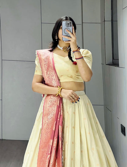 Exquisite Paithani Silk Lehenga with Vibrant Colorful Motifs, Iconic Gold Zari Border, and Signature Satin Silk Dupatta