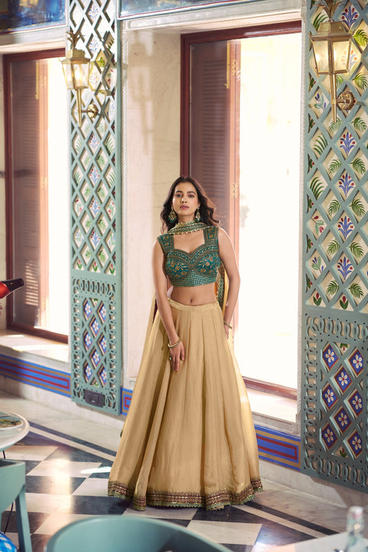 Zariya Muse Elegant Fendi Fabric Lehenga with Lace Accents and Embroidered Bengali Blouse