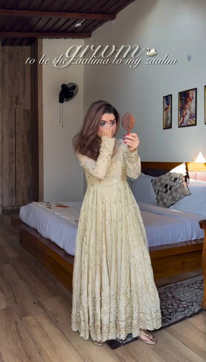 Embroidery Detailed Fully Stitched Ready-to-Wear Gown and Dupatta Set in Crunchy Silk