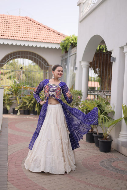 RangBhoomi Kora Cotton Lehenga & Faux Georgette Kurti Set - Full-Stitched, Frilled Lehenga, Laheriya Print Kurti