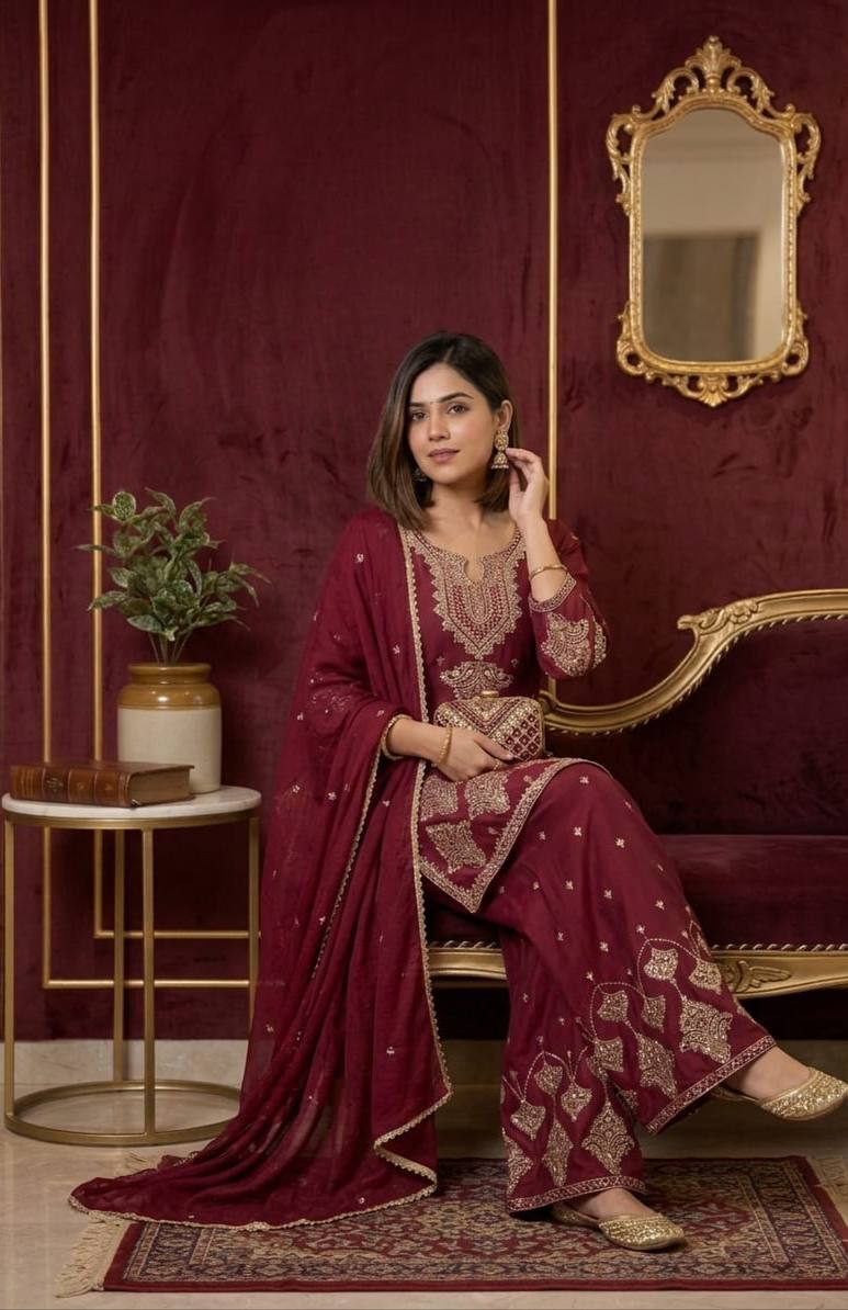 RangBhoomi Designer Wear Festival Exclusive Collection – Premium Embroidered Rangoli Crush Fabric Set with Palazzo and Lace Dupatta