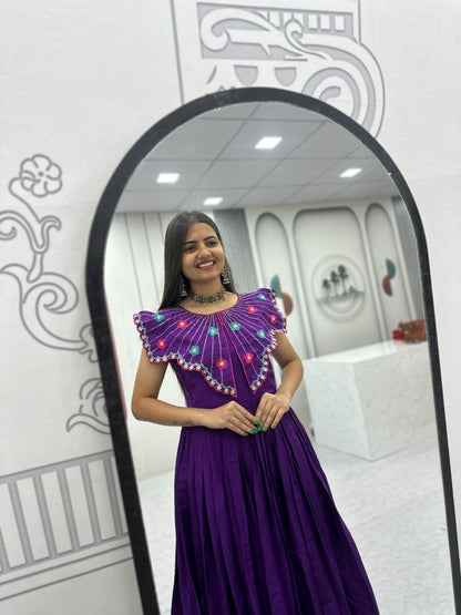 Trendy Hand-Embroidered Roman Fabric Gown with Soft Micro Cotton Lining, Fully Stitched, Available in Sizes M to XL and Beyond