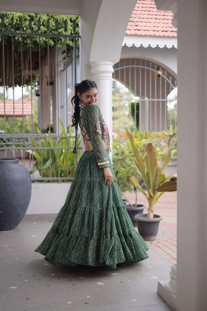 RangBhoomi Bandhni Faux Georgette Full-Stitched Lehenga Set with Designer Square Neck Blouse