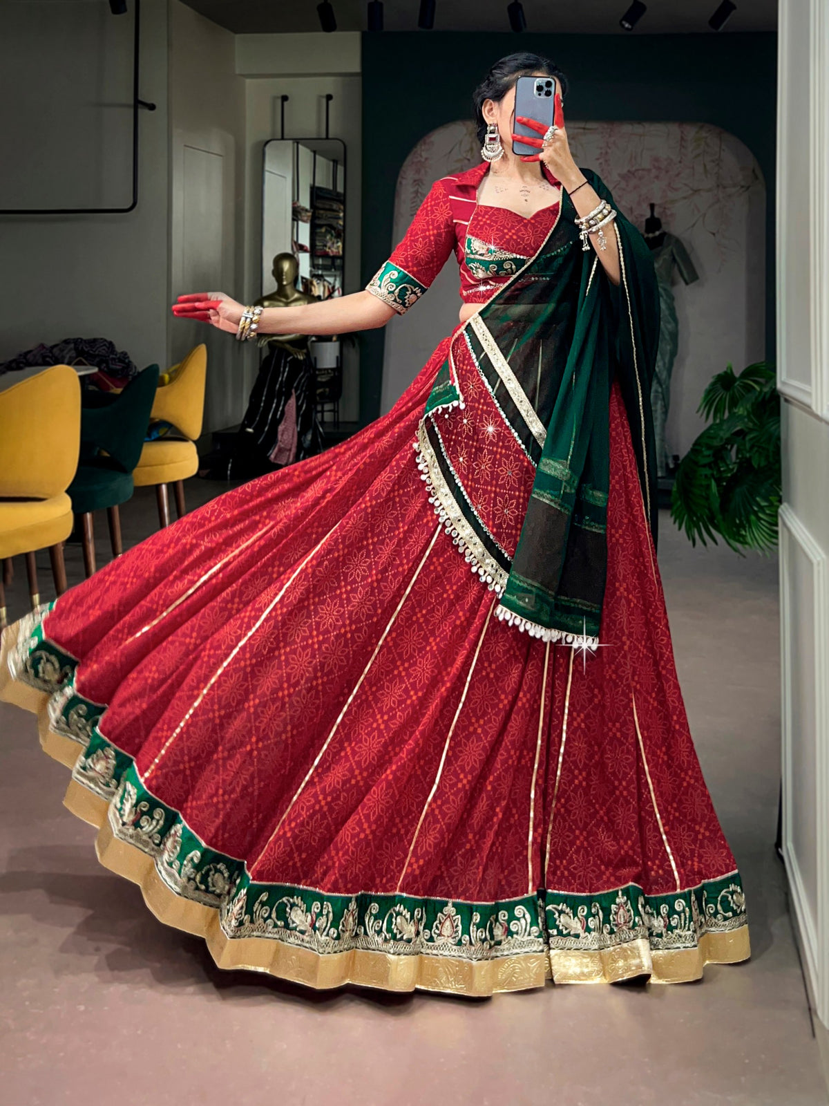 RangBhoomi Navratri 2026 Georgette Bandhej Foil Print Lehenga Set with Mirror Lace Dupatta