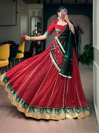 RangBhoomi Navratri 2026 Georgette Bandhej Foil Print Lehenga Set with Mirror Lace Dupatta