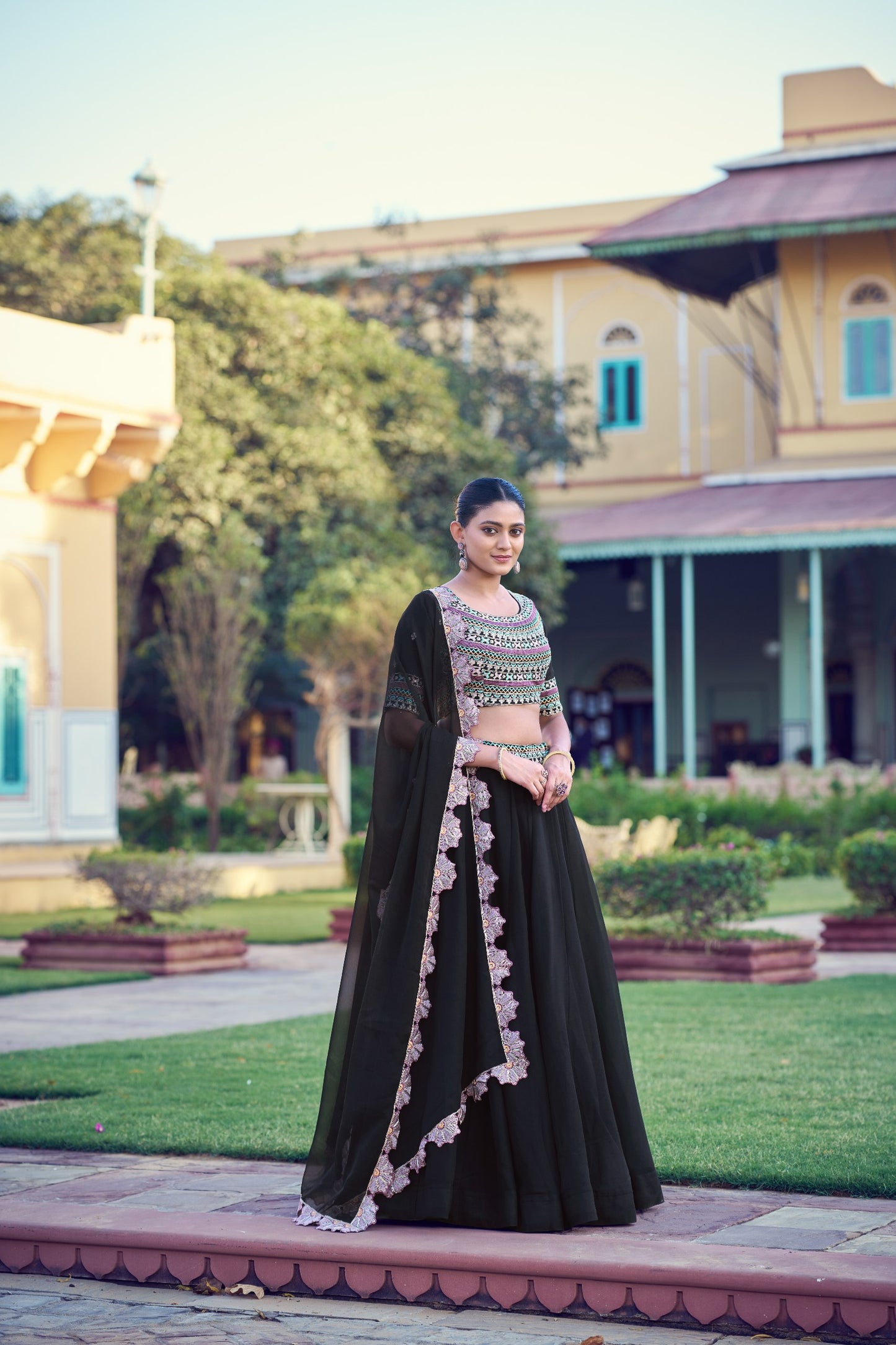 RangBhoomi Black Aurum Georgette Lehenga with Thread & Sequins Embroidery