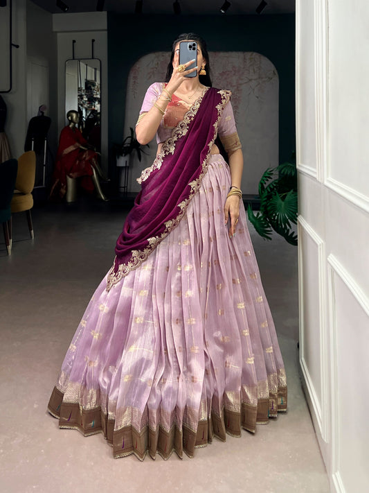Woven Grace Embroidered Lehenga Set with Royal Paithani Borders and Elegant Pastel Hues